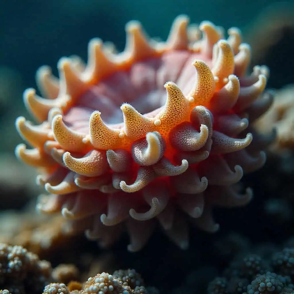 Close-up view of coral polyp anatomy showing tentacles and mouth structure