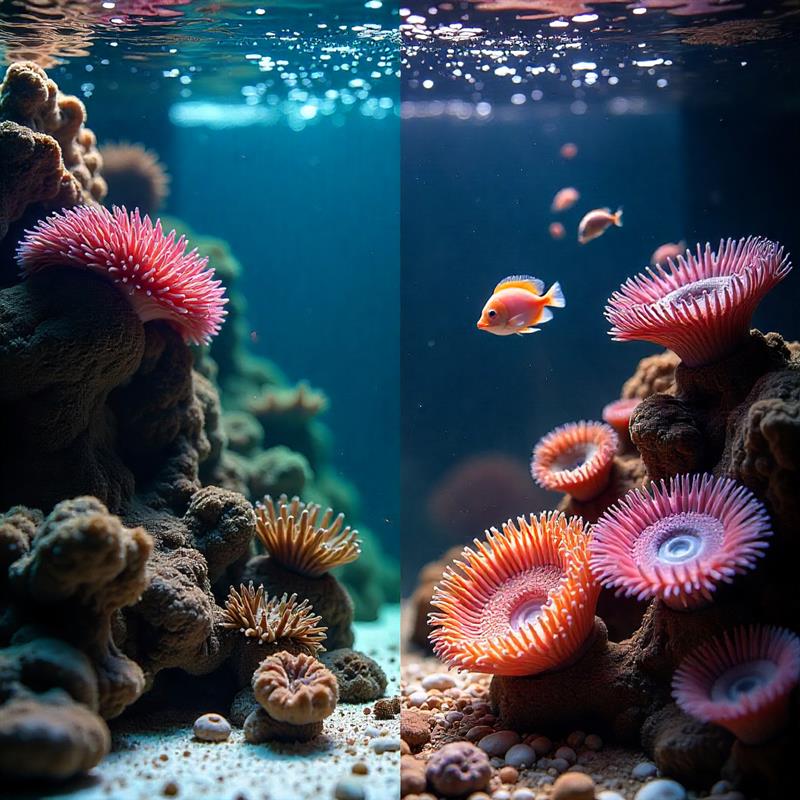 Comparison of a healthy reef tank with stable pH vs a stressed reef tank with unstable pH.