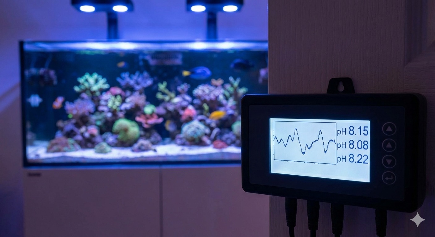 Reef aquarium water chemistry test kit showing alkalinity and calcium levels for stable reef tank parameters
