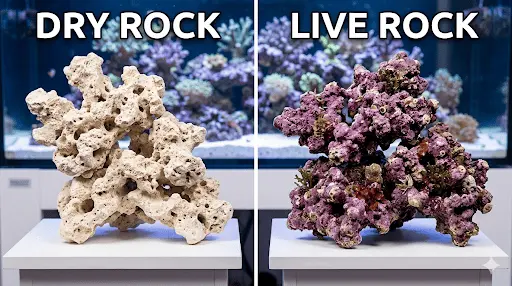 Dry rock vs live rock comparison for Reef Tank Setup and Biological Filtration