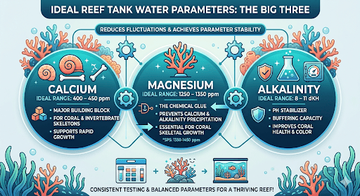 Infographic showing the ideal magnesium range in reef tank (1250-1350 ppm) alongside calcium and alkalinity targets.
