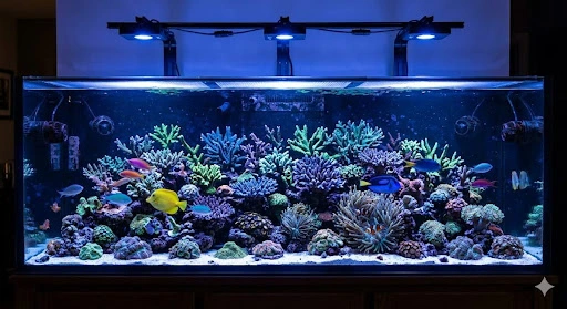 Reef tank with LED lighting illuminating SPS corals and zooxanthellae growth