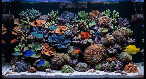 A thriving reef tank with extended coral polyps and clear water — the result of a consistent reef tank maintenance schedule